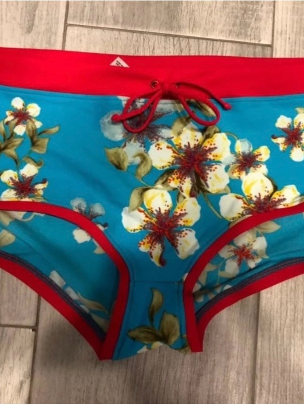 Source Unknown Blue Floral Bikini Bottoms with Red Trim